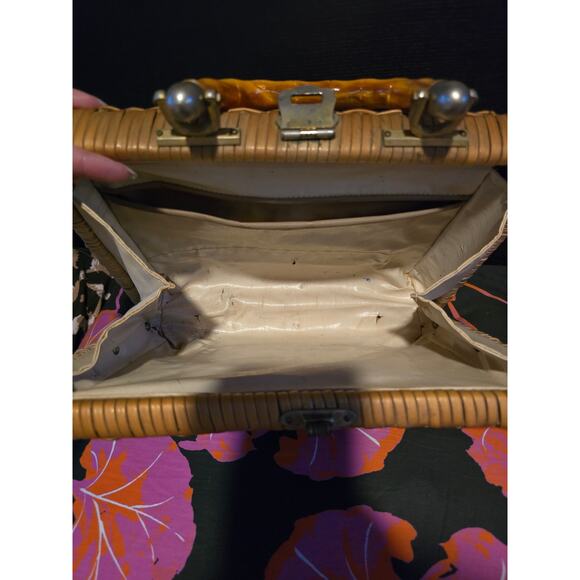 Vintage woven wicker briefcase style purse faux bamboo handle medium - Picture 11 of 11